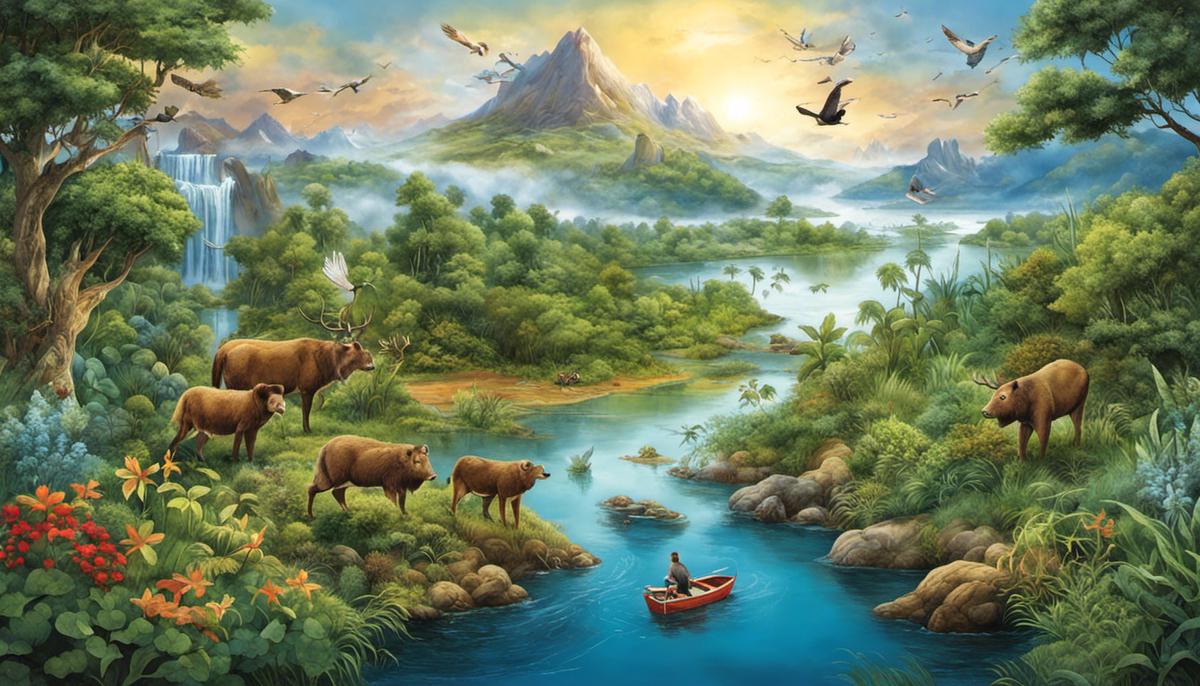 Illustration of various elements of the environment, including air, water, land, plants, and wildlife, depicting their interconnection and importance for sustaining life on Earth.